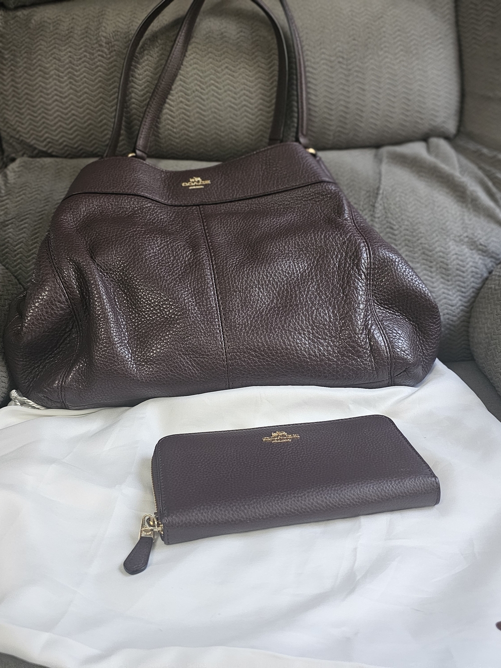 Coach Pebbled Leather Tote and Zip Wallet in Deep Brown-Burgundy